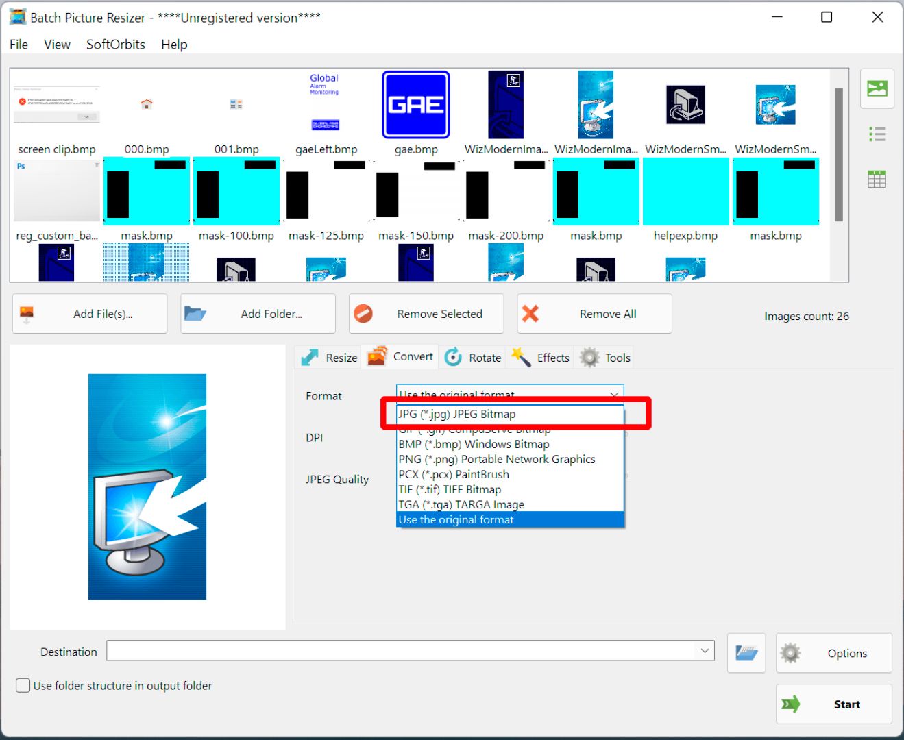 Change output format to jpeg..