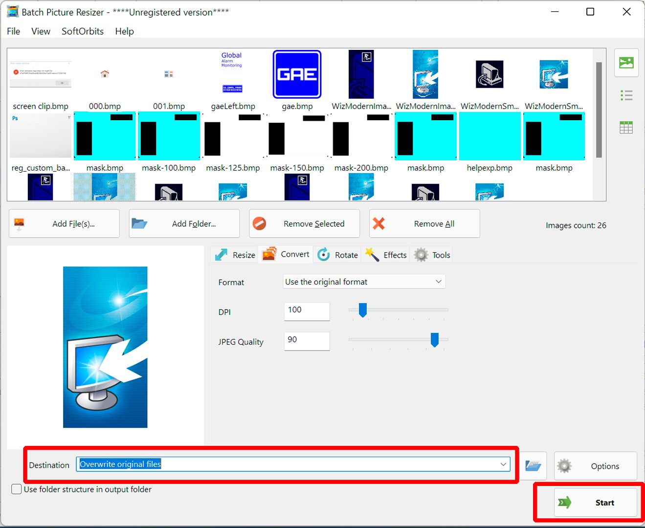 Démarrer la conversion bmp en jpeg..