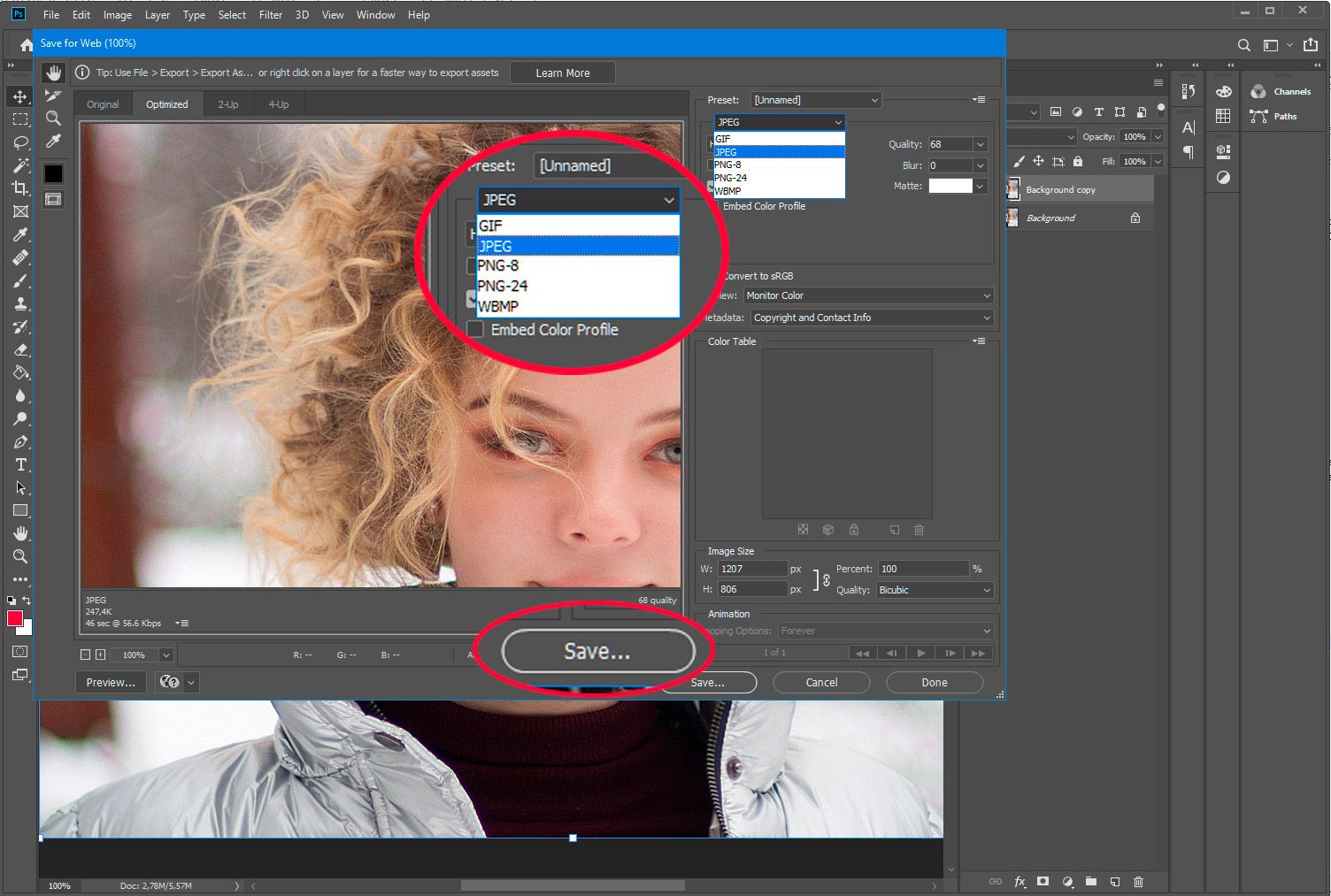 Adobe Photoshop. enregistrer le PSD pour le web en jpg..