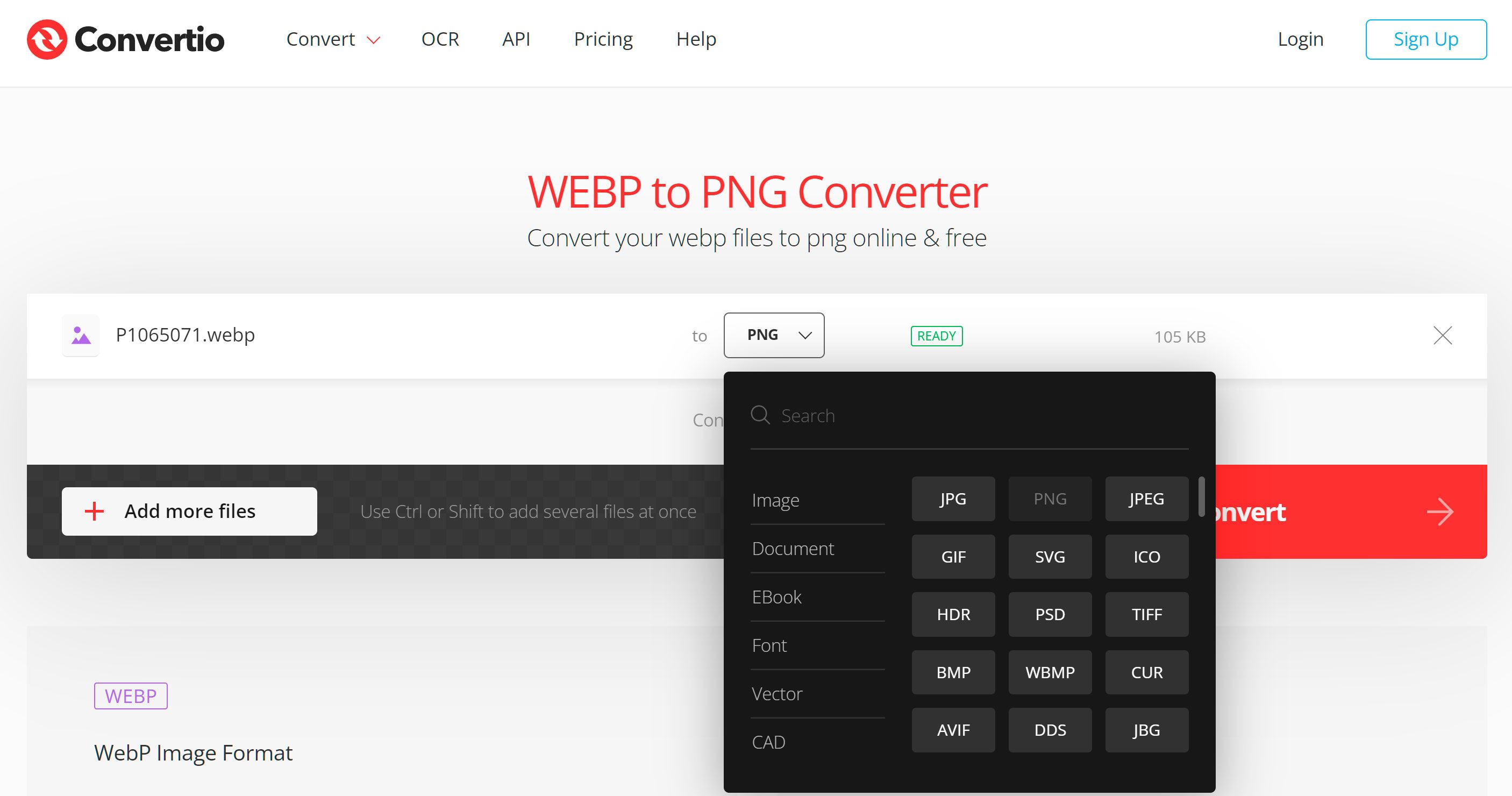 Sélectionner le format PNG pour convertir à partir de WebP en ligne..