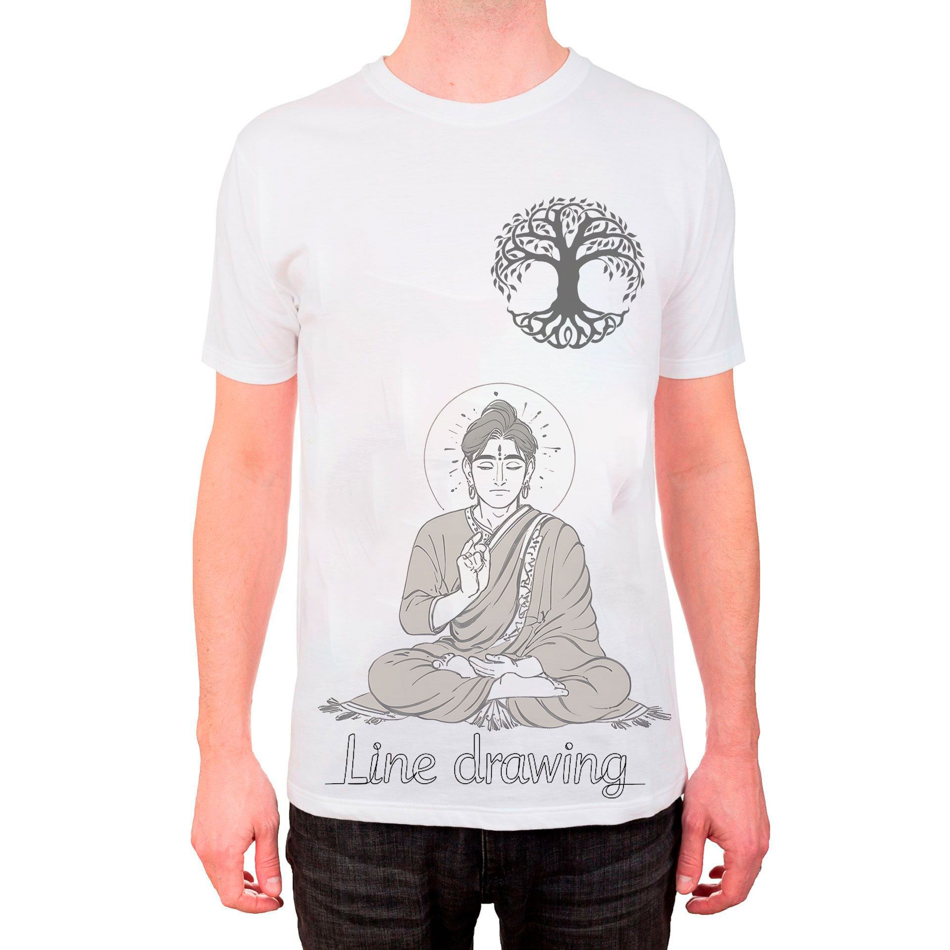 T-shirt with line drawing sketch of budha..