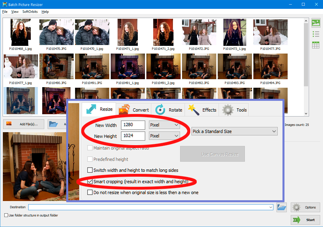 Sélectionner le redimensionnement intelligent de plusieurs images.