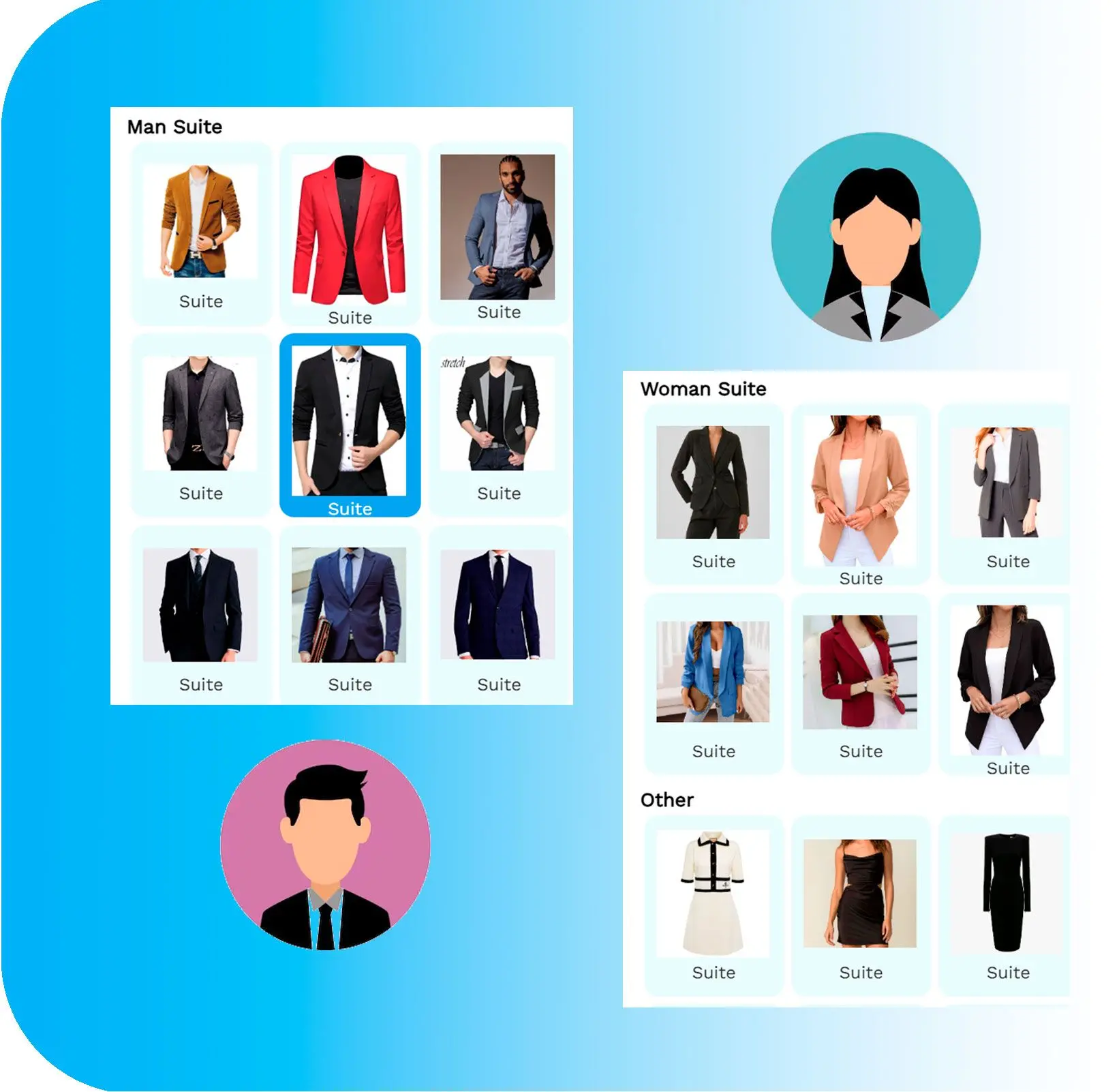 Collection de blazers et de costumes pour hommes et femmes.