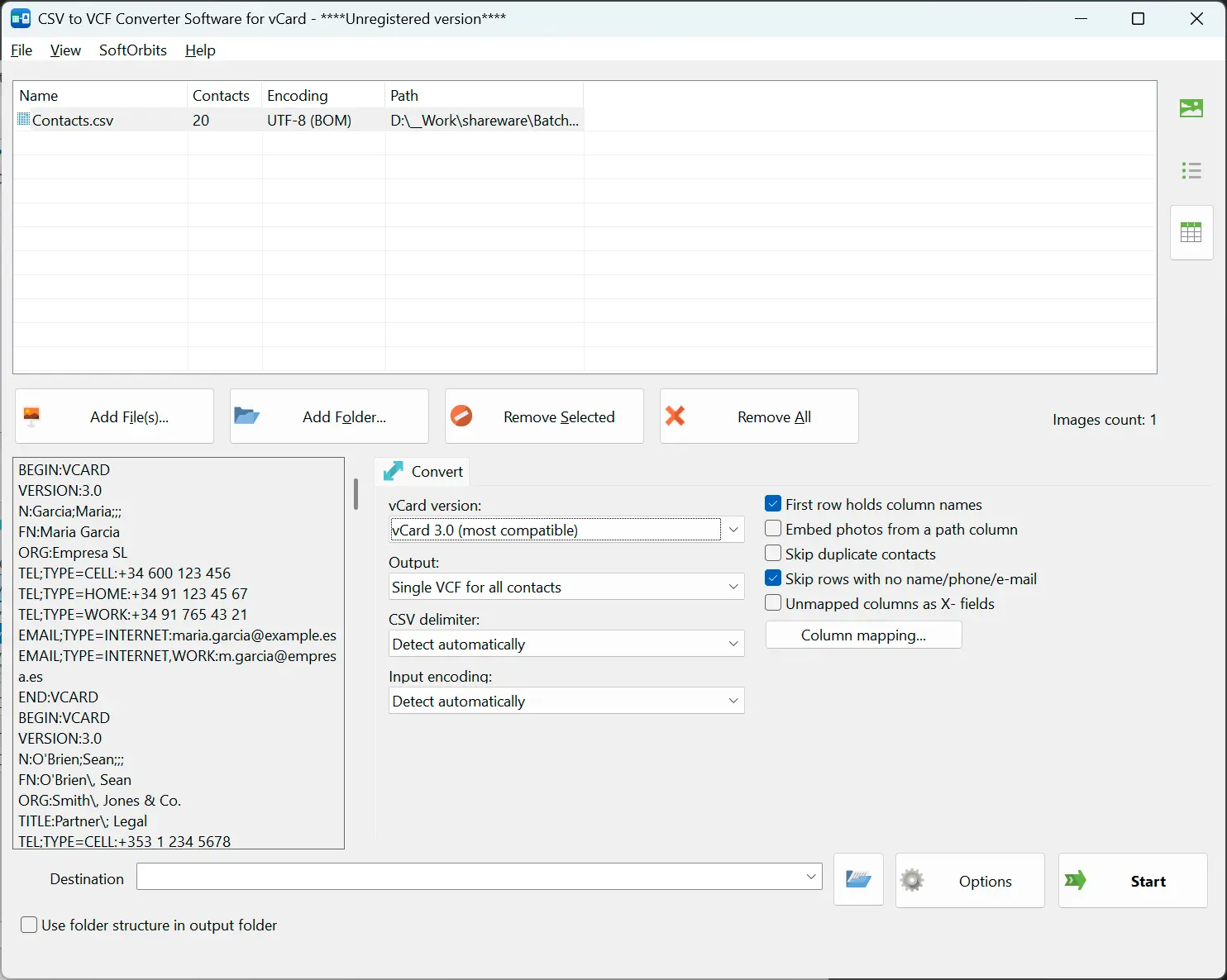 CSV to VCF Converter Software for vCard Capture d