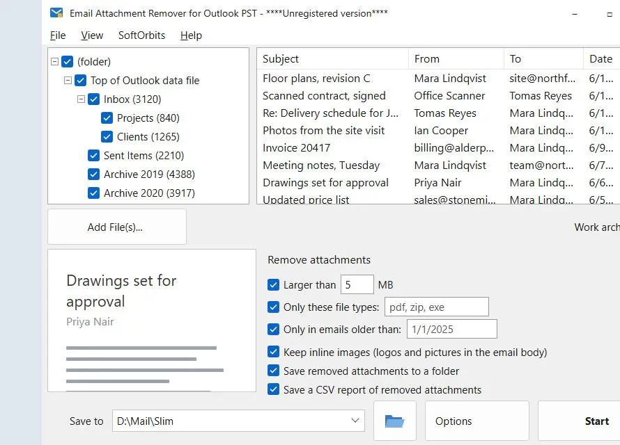 Email Attachment Remover for Outlook PST Capture d
