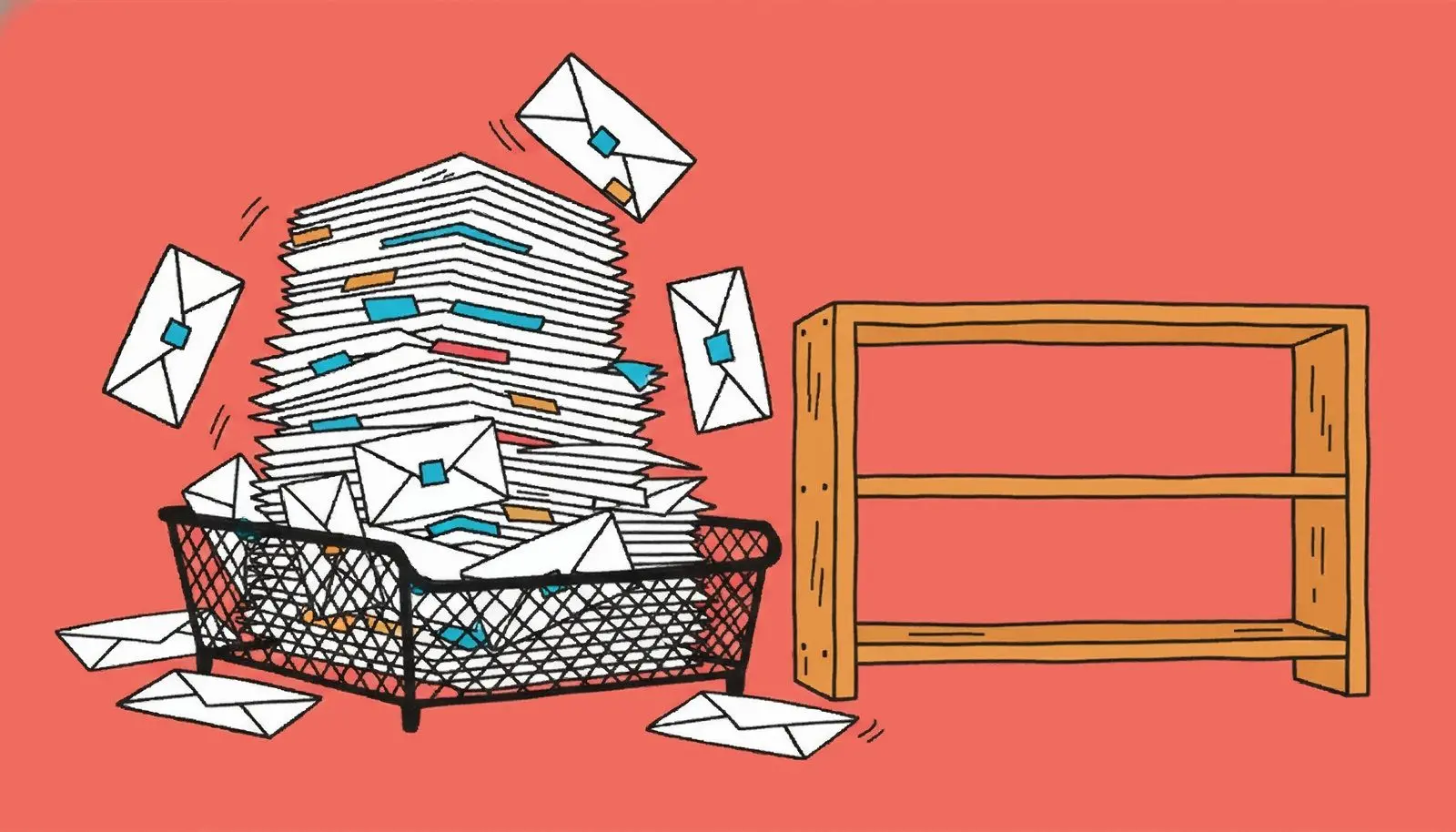 Un bac à courrier qui déborde à côté d