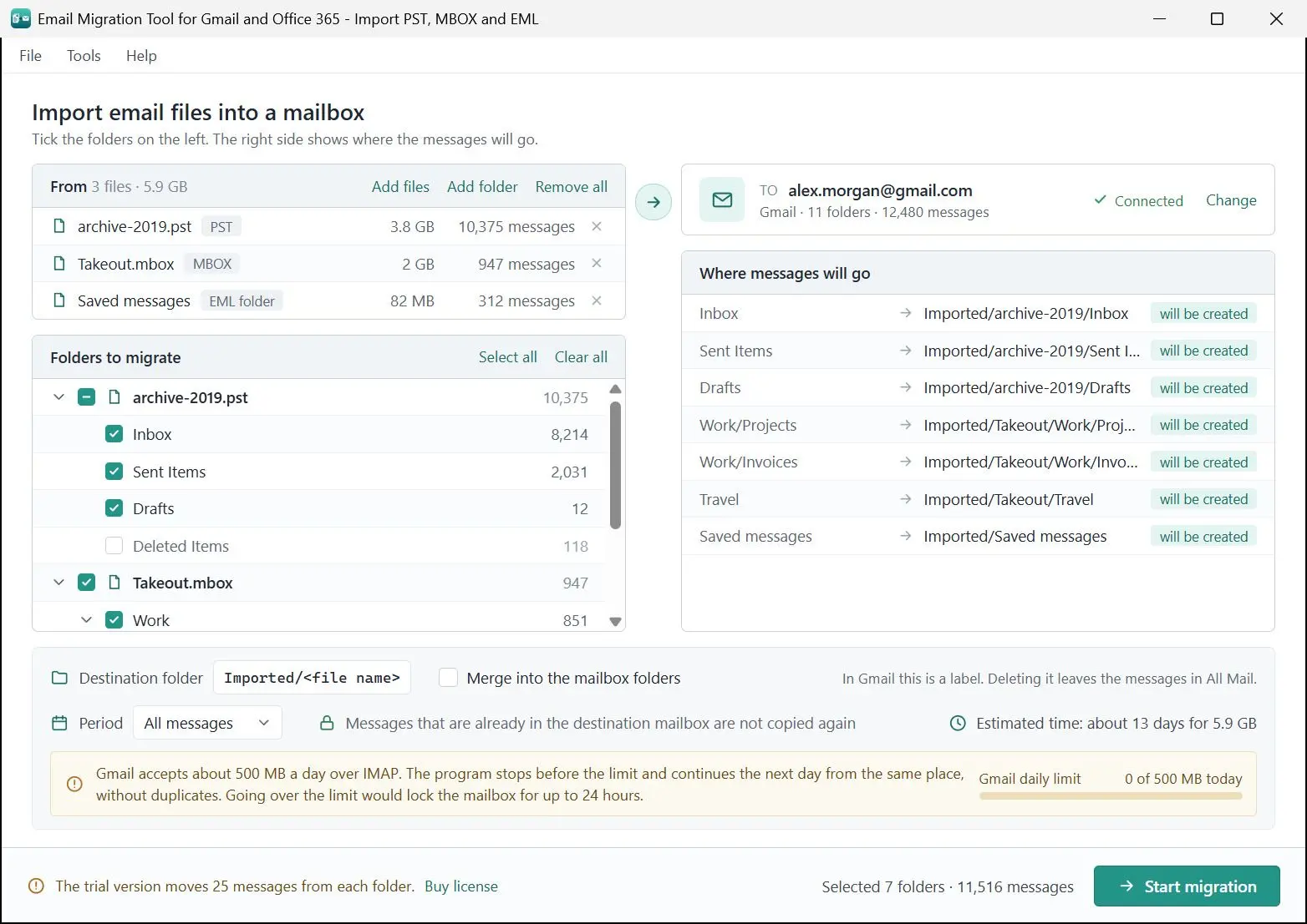 Email Migration Tool for Gmail and Office 365 - Import PST, MBOX and EML Capture d