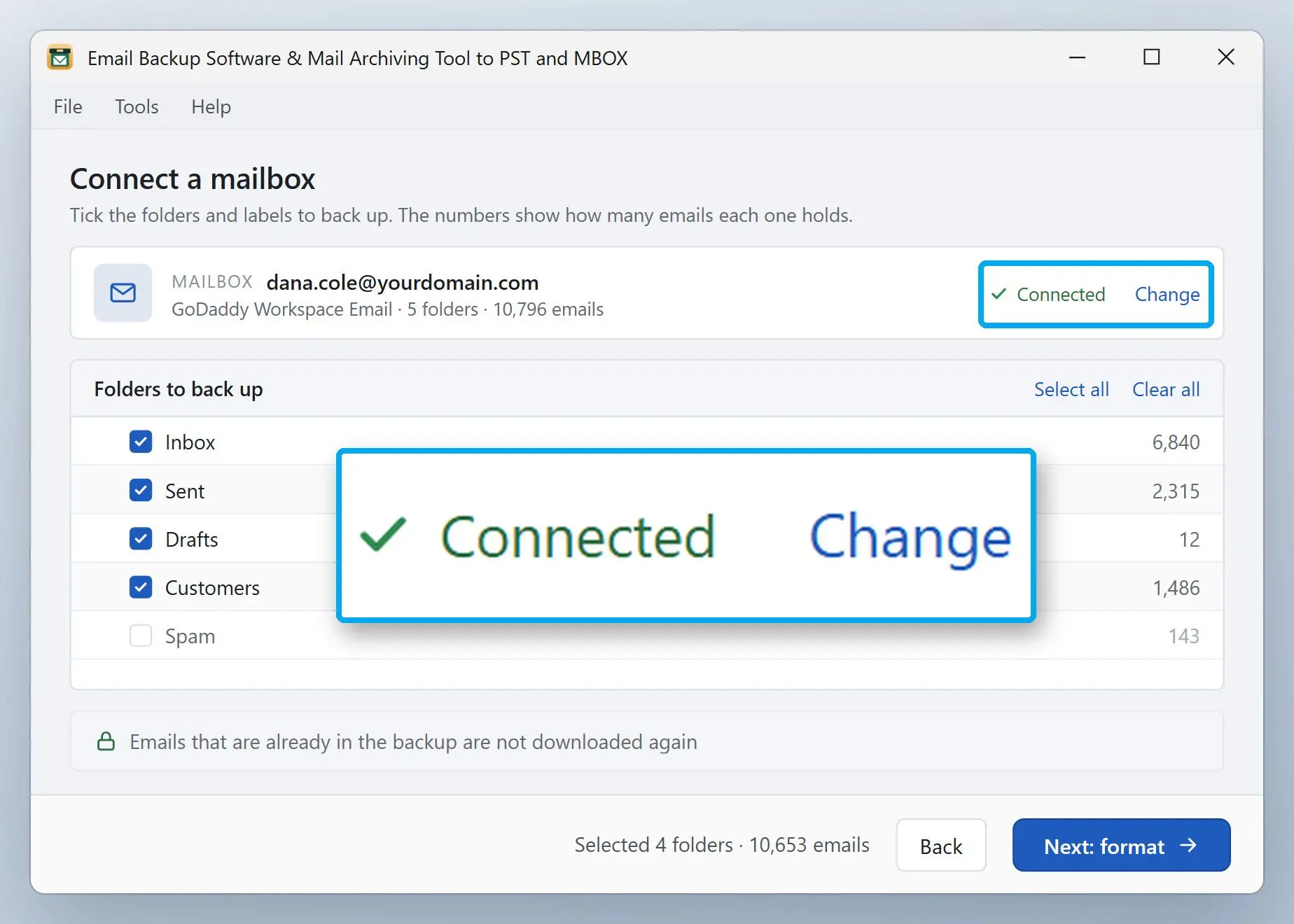 Email Backup Software & Mail Archiving Tool to PST and MBOX Capture d