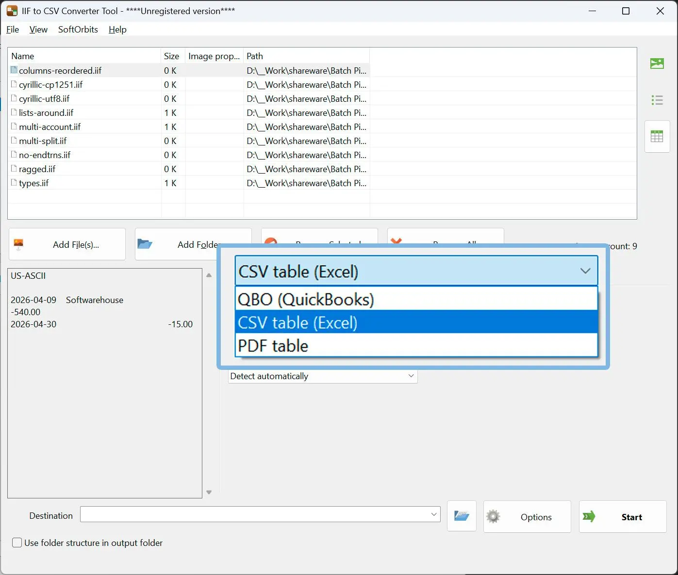 Choisissez CSV et écrivez le fichier.