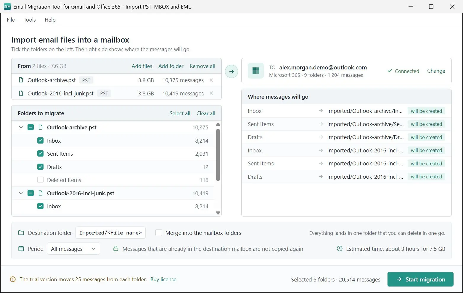 Email Migration Tool for Gmail and Office 365 - Import PST, MBOX and EML Capture d