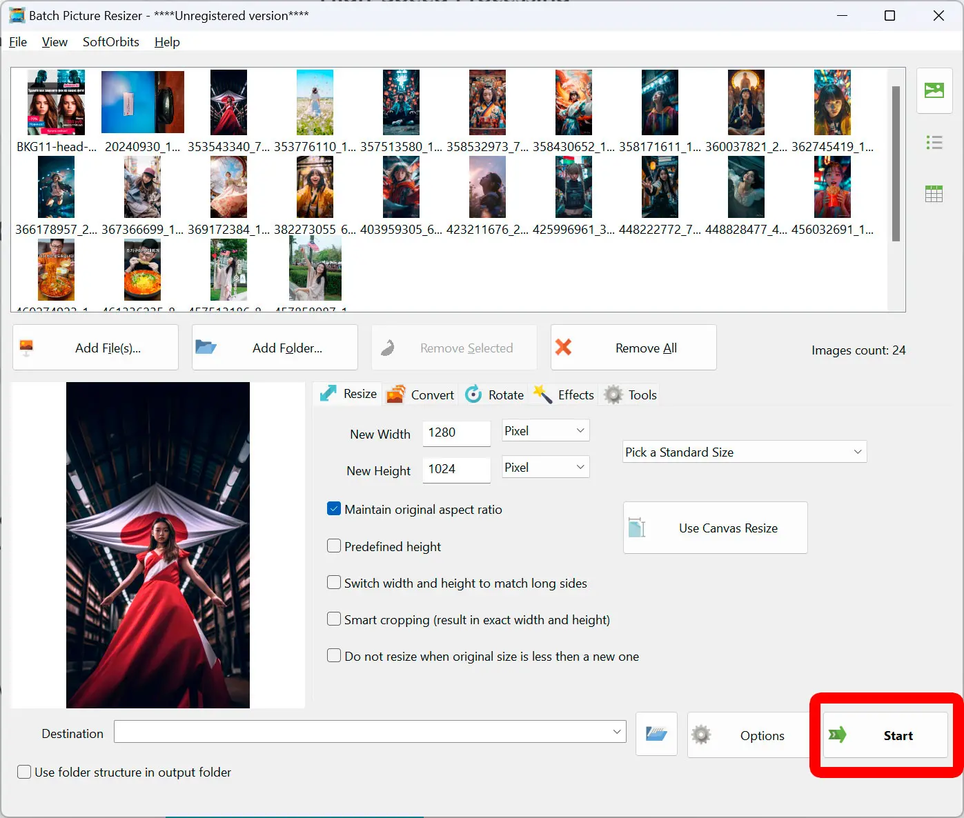 Démarrer le processus de redimensionnement.