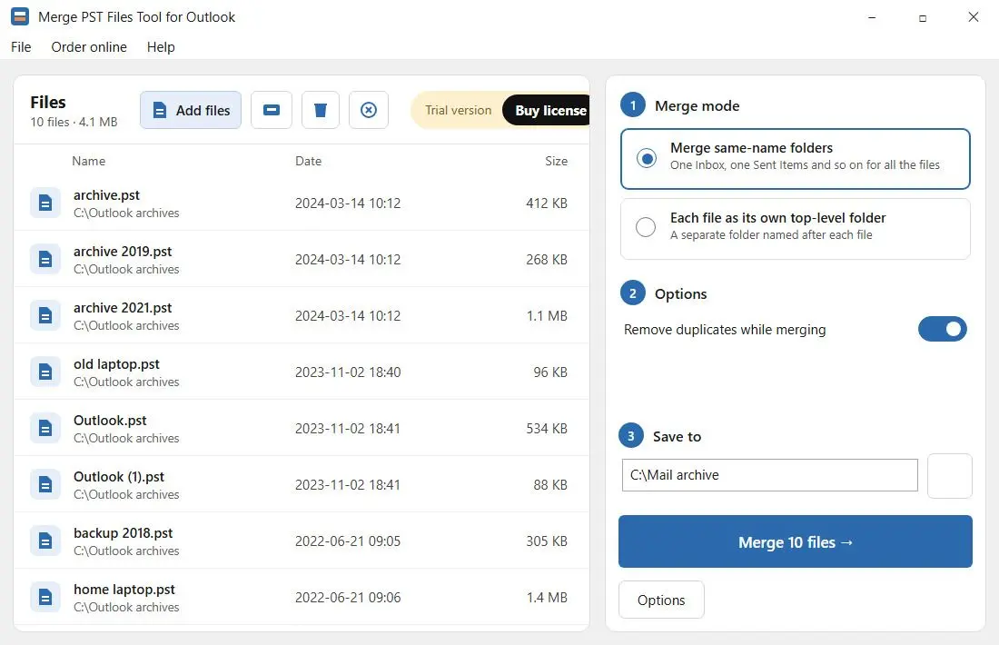 Merge PST Files Tool for Outlook Capture d