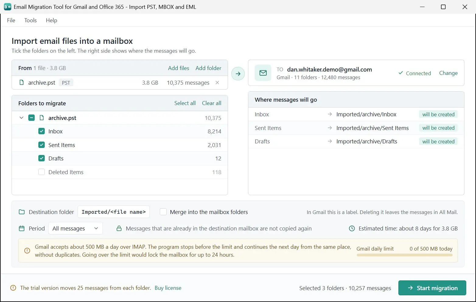 Email Migration Tool for Gmail and Office 365 - Import PST, MBOX and EML Capture d