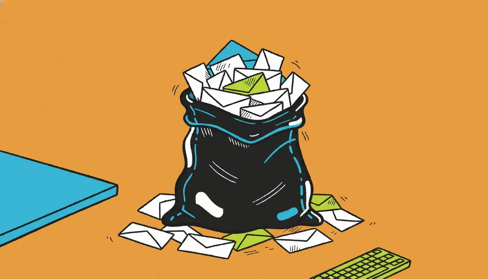 Un sac postal qui déborde de lettres prêtes à tomber.